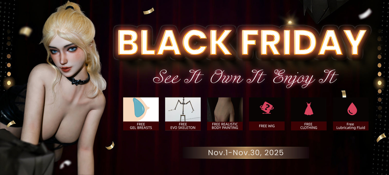 Black Friday-rea på sexdockor hos Docklandet: blond docka bredvid neontext, gratis gelbröst, EVO-skelett, realistisk målning, peruk, kläder och smörjmedel, kampanj 1–30 november 2025.